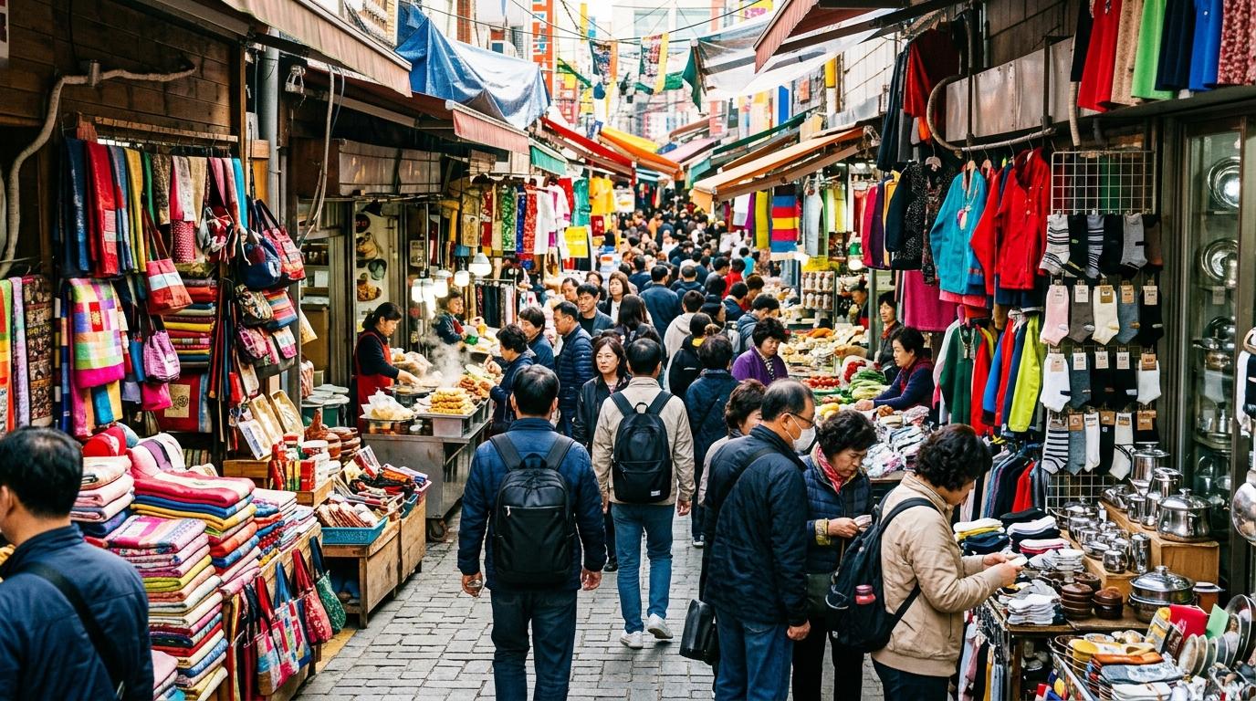 Bright vibrant photorealistic Namdaemun-style market street with packed shopfronts, colorful goods, busy shoppers, no visible text