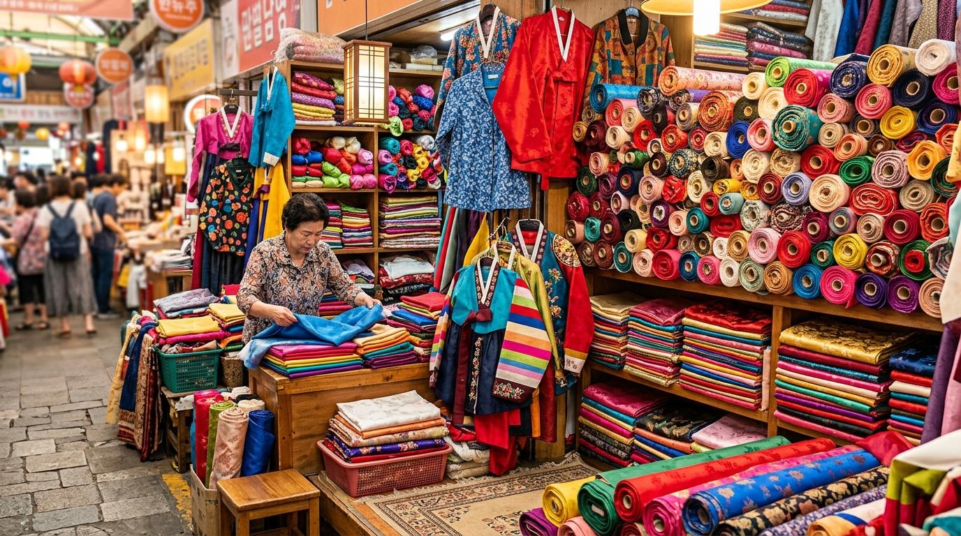 Bright vibrant photorealistic Seoul market textile shop with colorful fabric rolls, folded silk, vintage jackets, no visible text