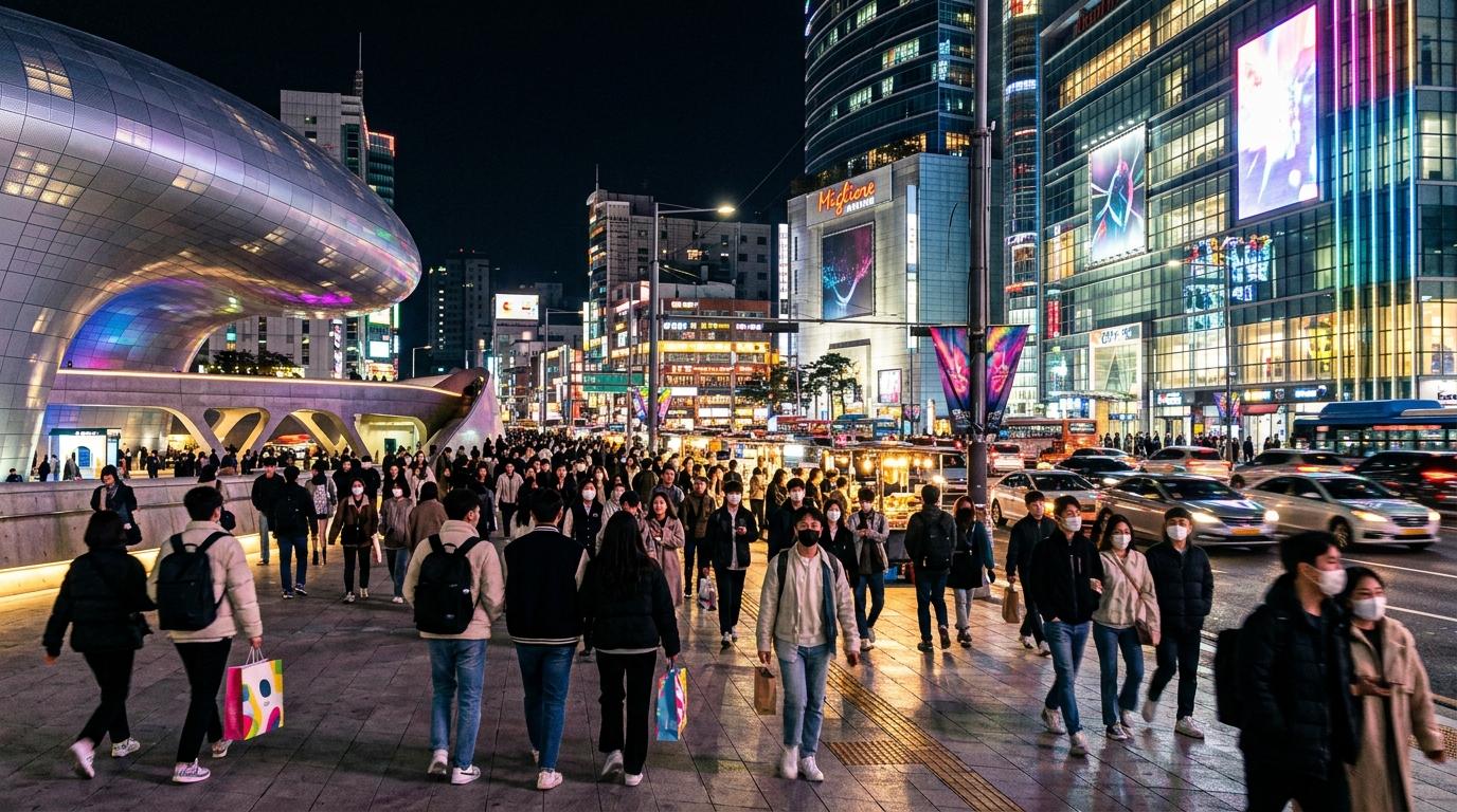 Bright vibrant photorealistic Dongdaemun night shopping district with modern malls, glowing lights, stylish pedestrians, no visible text