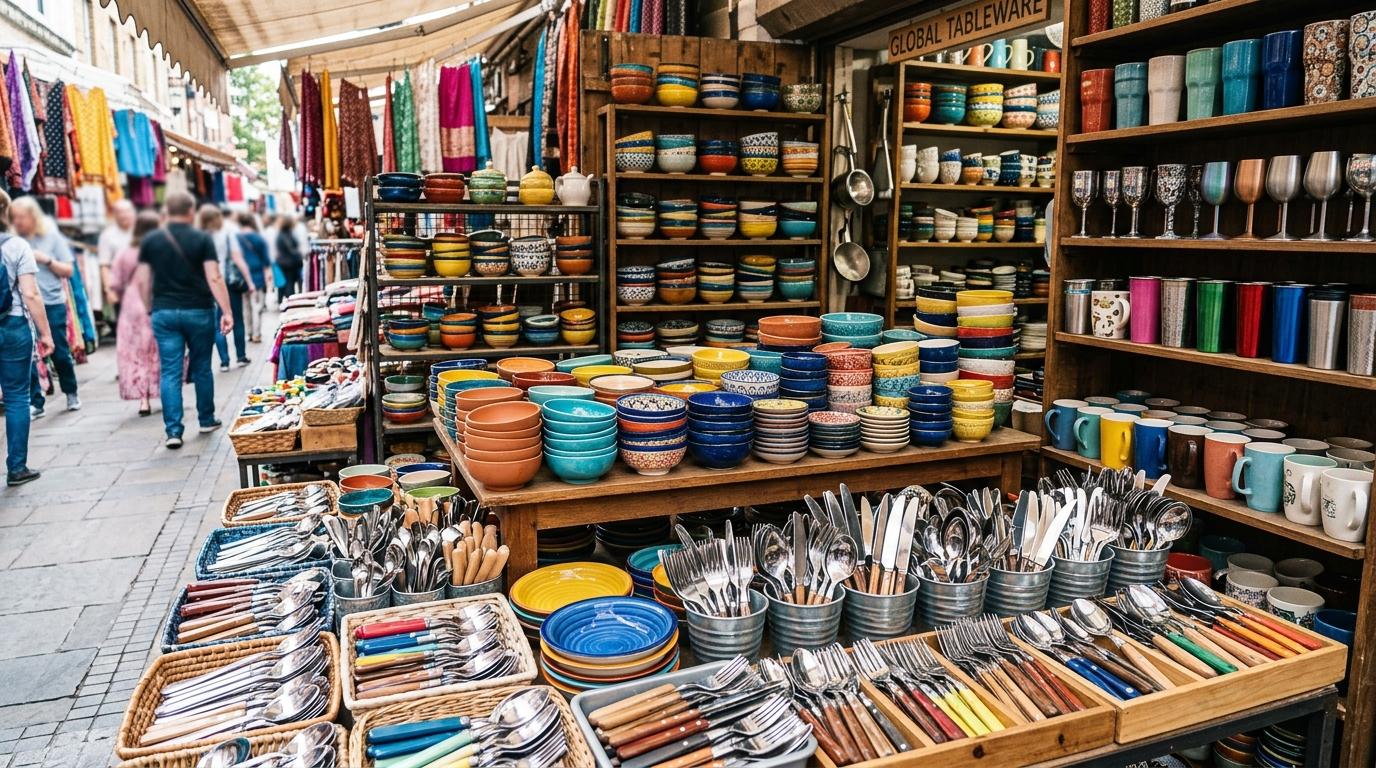 Bright vibrant photorealistic market tableware shop with ceramic bowls, stainless cutlery, colorful cups, no visible text