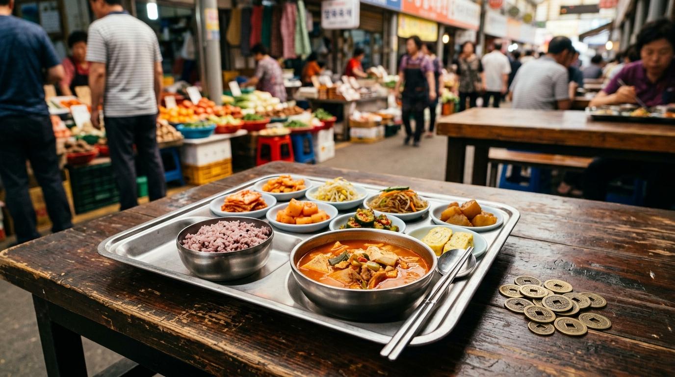 Bright vibrant photorealistic traditional market lunch tray with small Korean side dishes and brass coins, no visible text