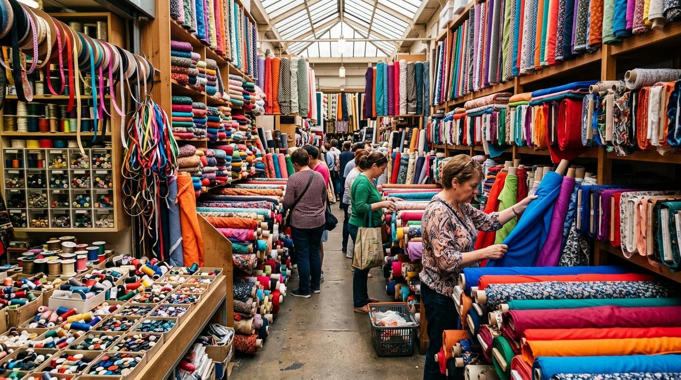Bright vibrant photorealistic fabric market interior with endless colorful fabric rolls, buttons, ribbons, shoppers browsing, no visible text