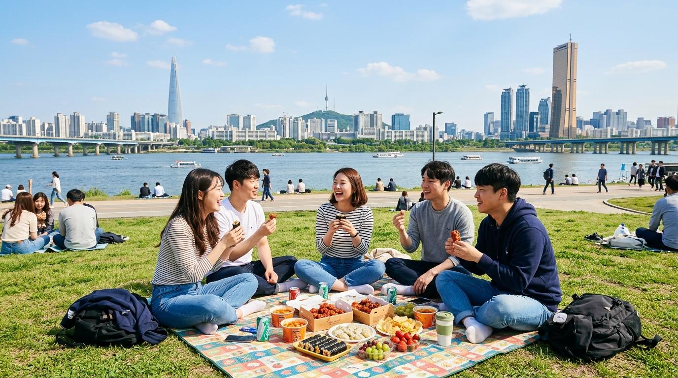 Bright vibrant photorealistic Seoul riverside picnic with market snacks, city skyline, friends sitting on grass, no visible text