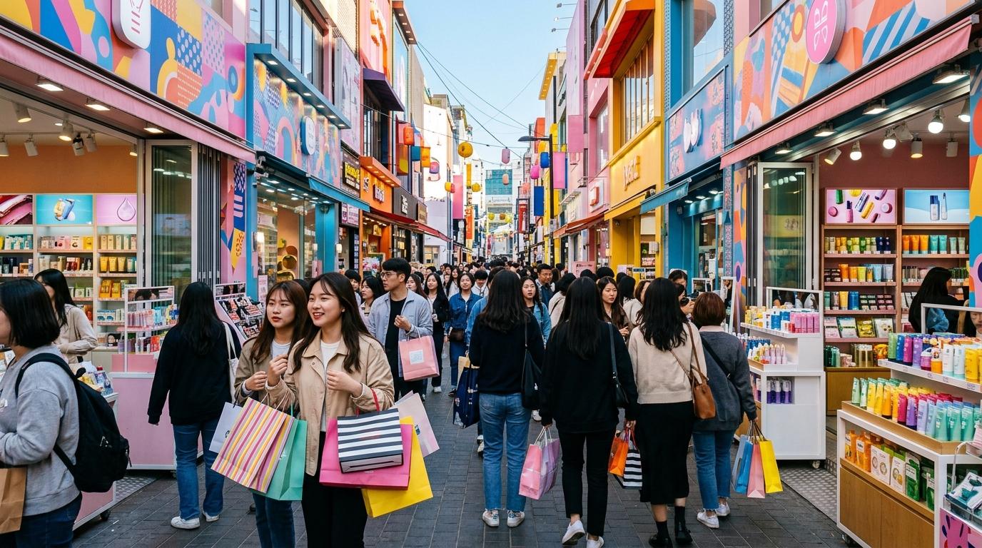 Bright vibrant photorealistic Seoul beauty shopping street with cosmetic stores, shoppers carrying bags, colorful displays, no visible text