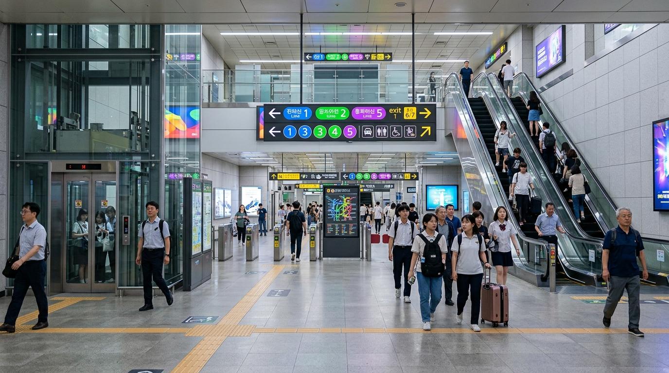 Bright vibrant photorealistic image of a clean Seoul subway concourse with elevators, escalators, travelers, and colorful wayfinding signs without readable text