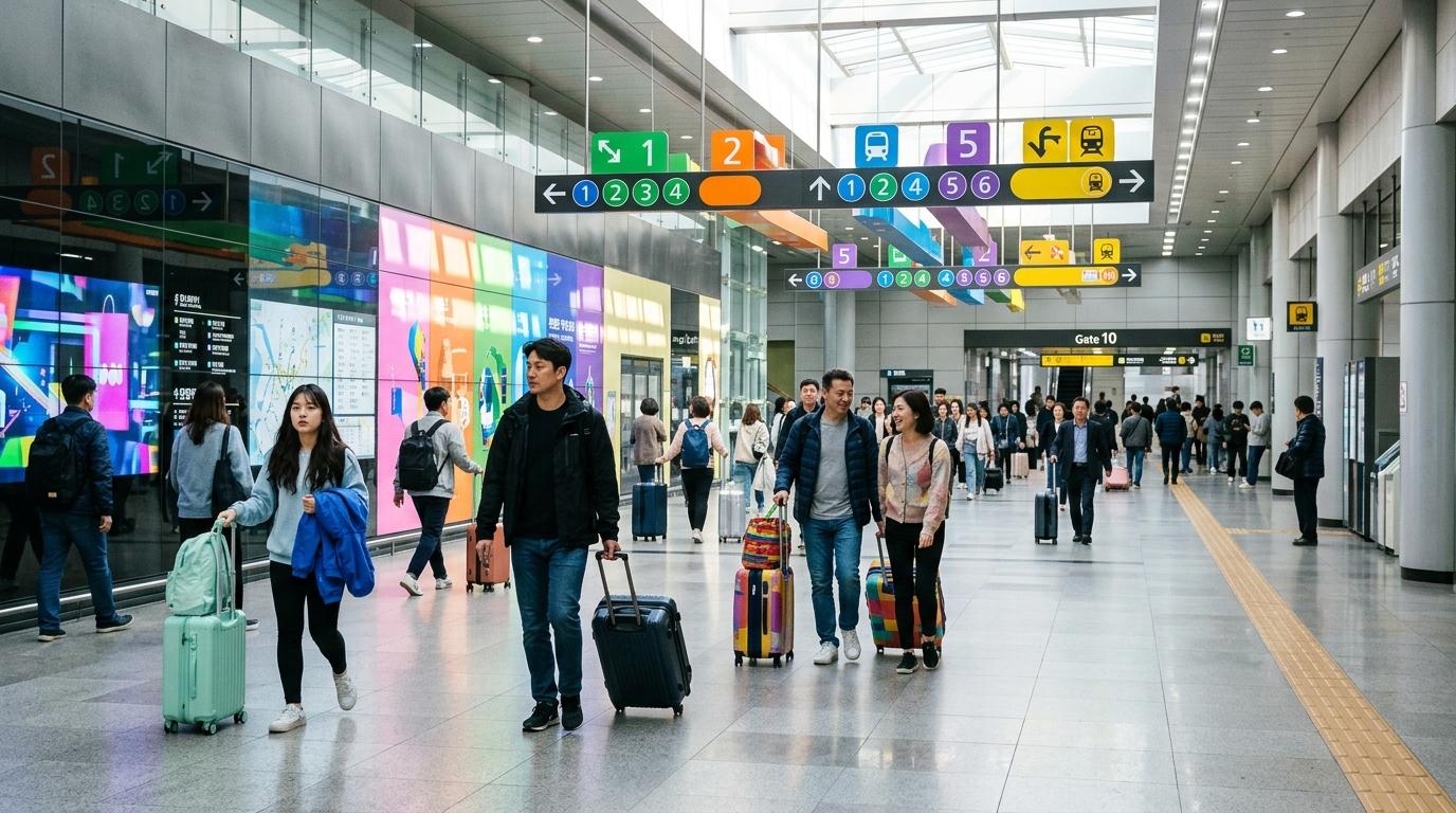 Bright vibrant photorealistic image of travelers with rolling luggage transferring through a spacious Seoul subway station corridor, colorful line signs without