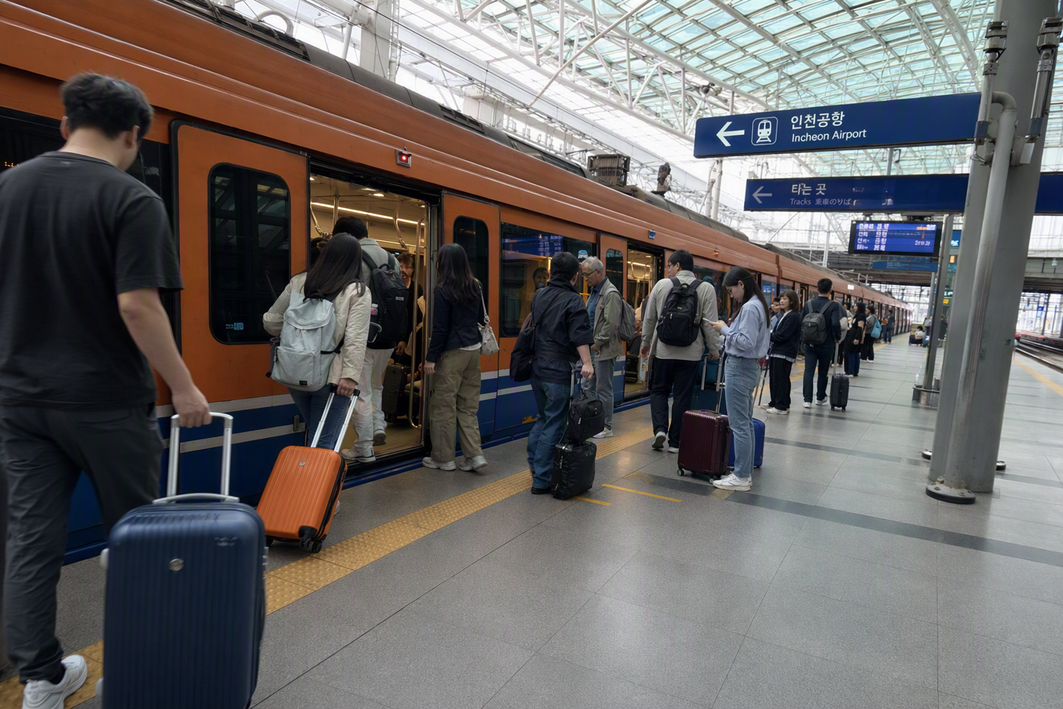 明亮鮮豔、寫實風格的機場鐵道月臺畫面，有旅客與行李箱，以及一列現代感十足、橘藍色調的列車，畫面中沒有可辨識文字
