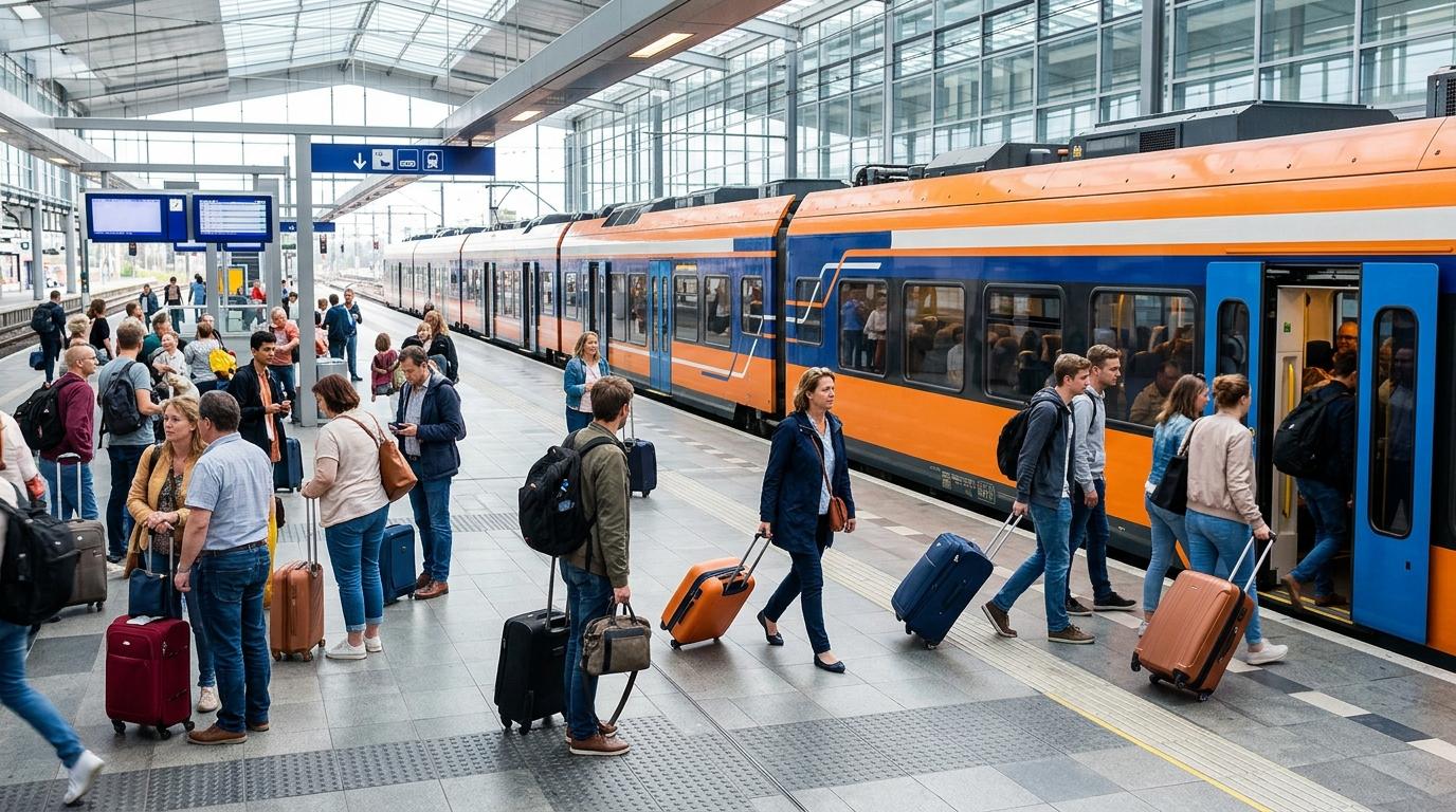 Bright vibrant photorealistic image of airport railway train platform with travelers, suitcases, and a modern train in orange and blue tones, no readable text