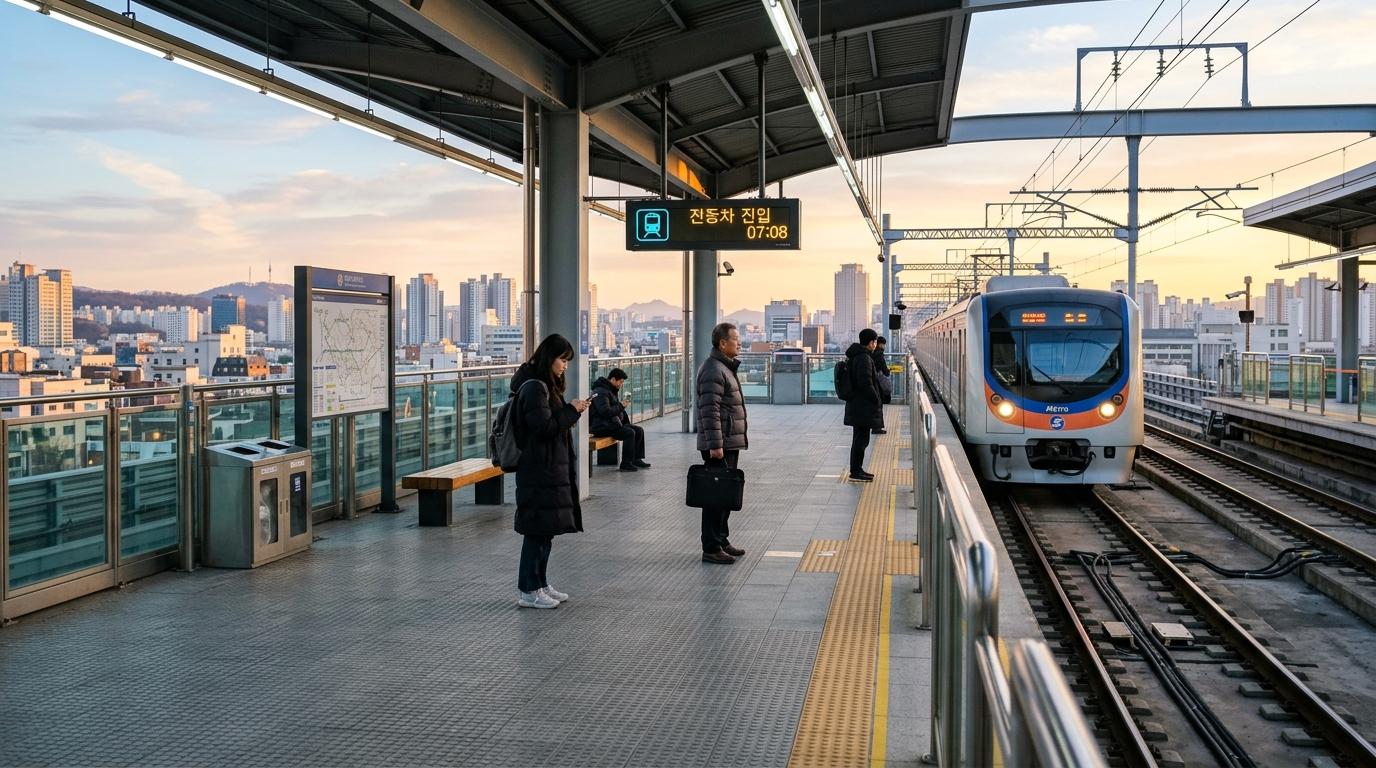 Bright vibrant photorealistic image of a quiet early morning Seoul subway platform with soft sunrise light, a few commuters, and a clean train approaching, no t