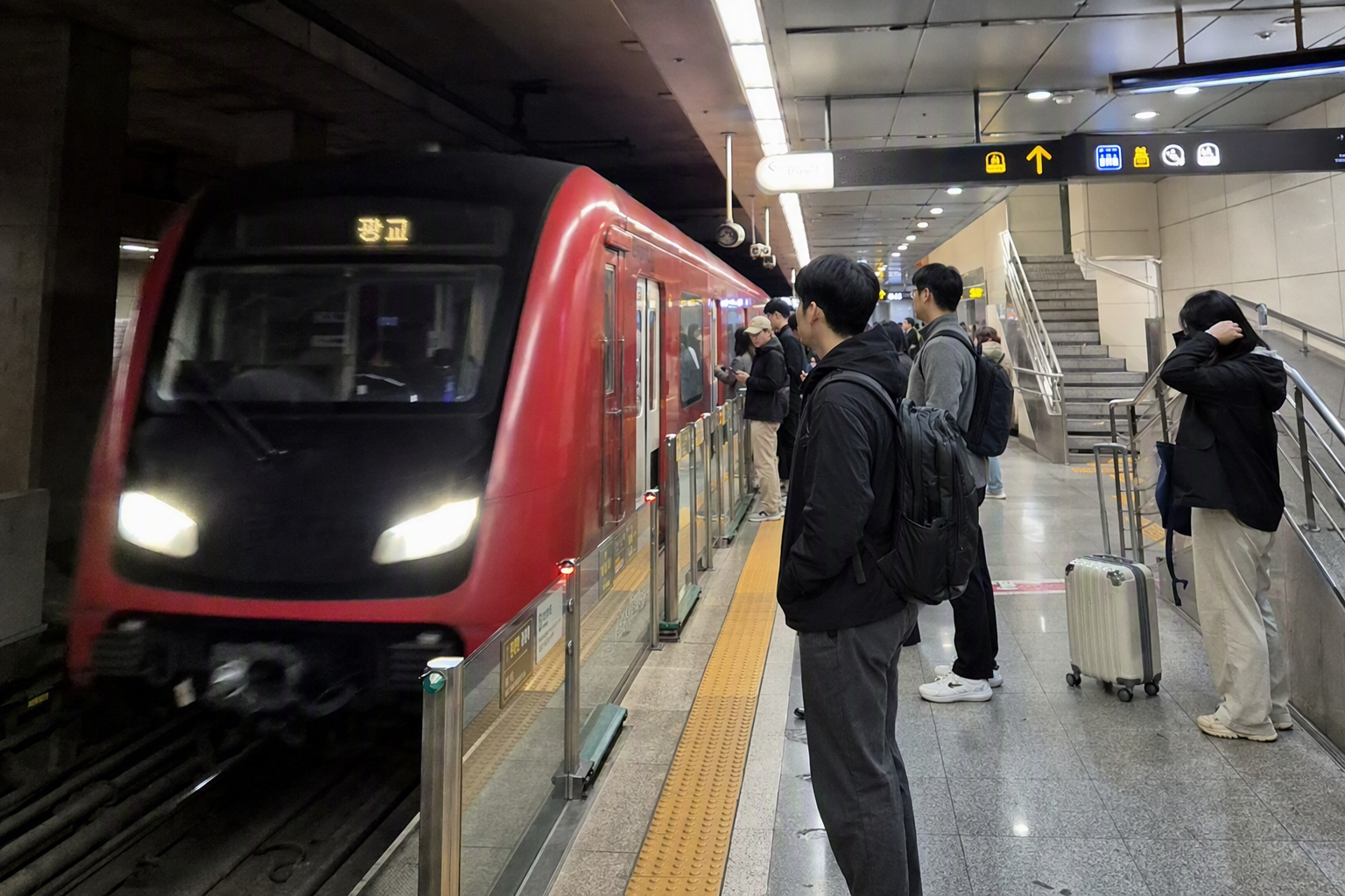 明亮鮮豔、寫實風格的照片，一列流線型現代紅色地鐵列車駛入乾淨的地下月臺，旅客在一旁等候，畫面中無可見文字