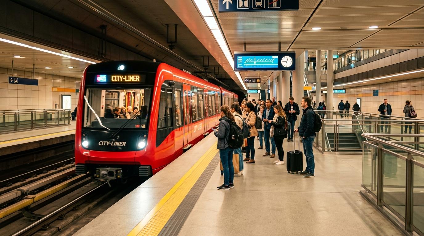 Bright vibrant photorealistic image of a sleek modern red subway train arriving at a clean underground platform with travelers waiting, no visible text