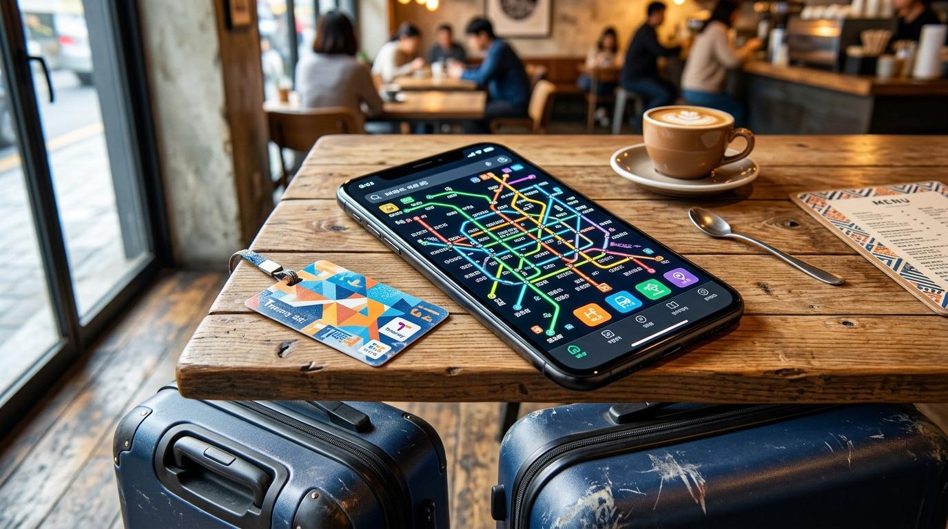 Bright vibrant photorealistic image of a smartphone showing a colorful metro route interface beside a T-money card and suitcase on a cafe table, no readable tex