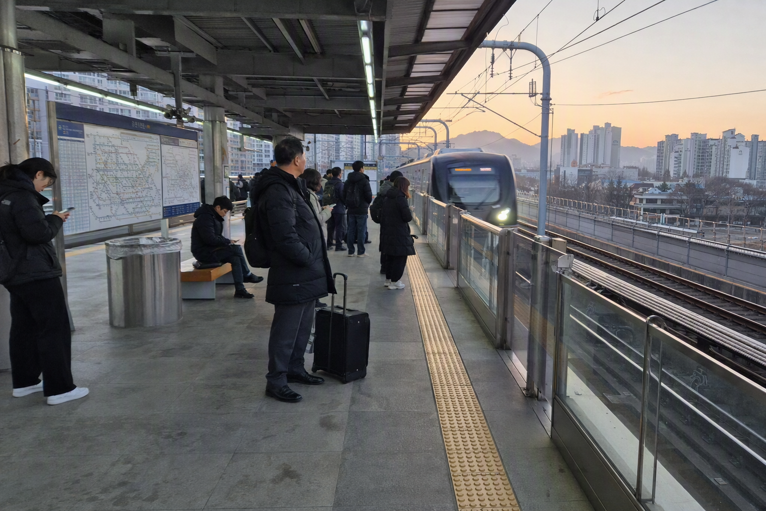 明亮鮮豔、寫實風格的畫面，安靜的清晨首爾地鐵月臺沐浴在柔和日出光線中，幾位通勤族等待，一列乾淨的列車正駛近