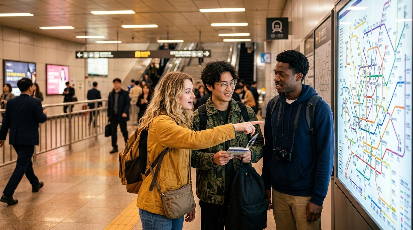 Bright vibrant photorealistic image of international travelers looking at a colorful Seoul subway map inside a clean modern station, no visible text, warm city