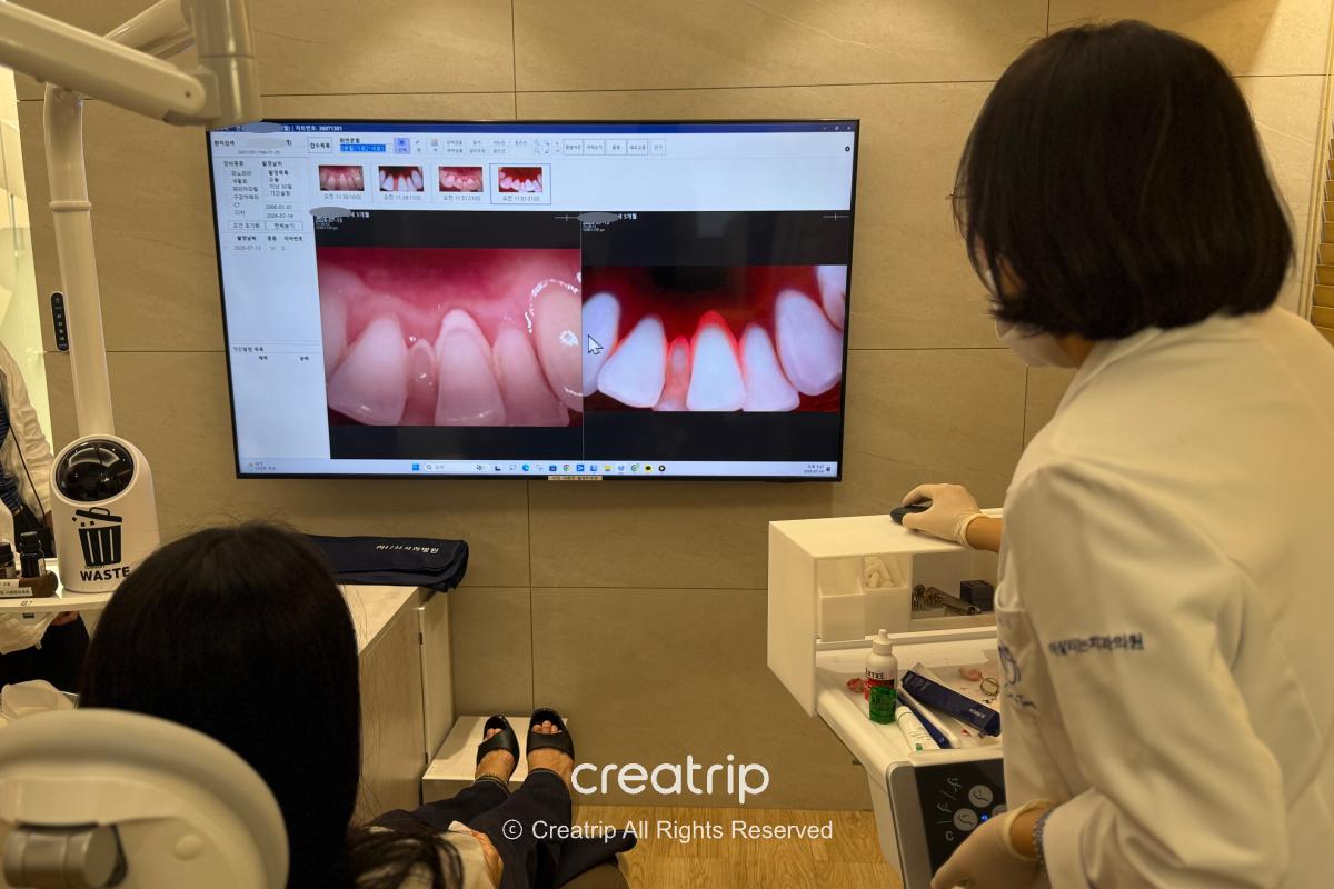 Dentist explaining dental photographs on screen