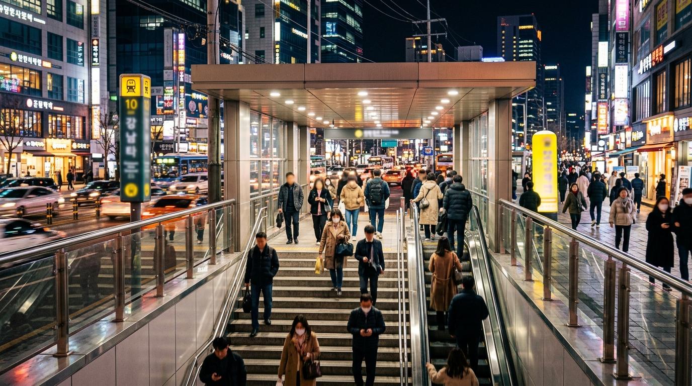 夜晚明亮鮮豔、寫實風格的首爾地鐵站出口,有旅客、城市燈光、現代階梯與欄杆,沒有可辨識文字
