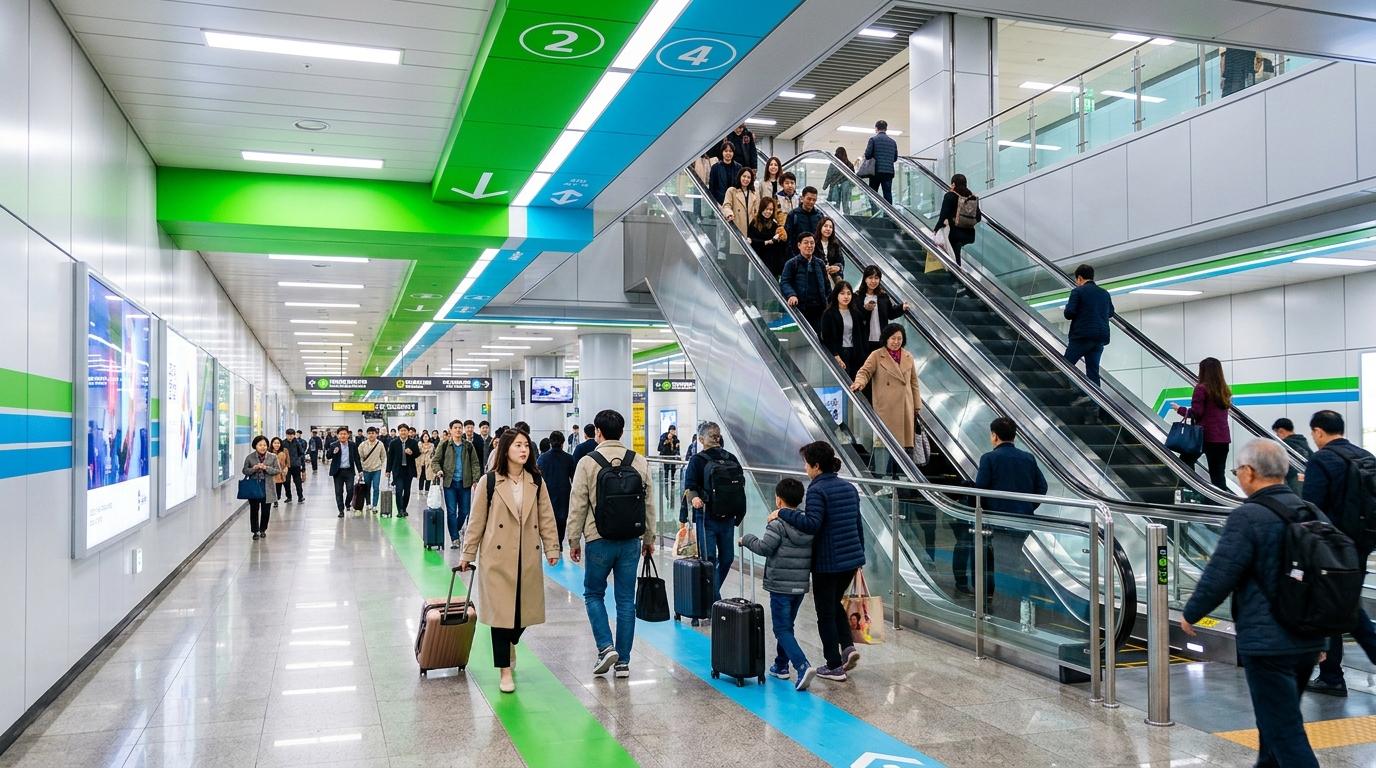明亮鮮豔、寫實風格的首爾地鐵轉乘走廊,有電扶梯、彩色路線指示、拖行李的旅客,室內乾淨現代,無文字