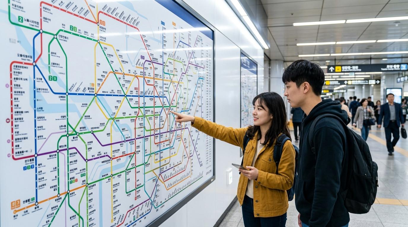 明亮鮮豔、寫實風格的現代首爾地鐵牆面地圖,彩色路線清晰,旅客指著轉乘站,車站燈光乾淨明亮