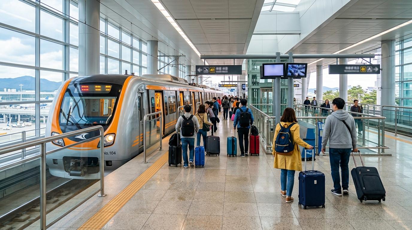 首爾明亮鮮豔、寫實風格的機場鐵道月臺,有旅客與行李箱、流線型列車,燈光乾淨,沒有可辨識文字