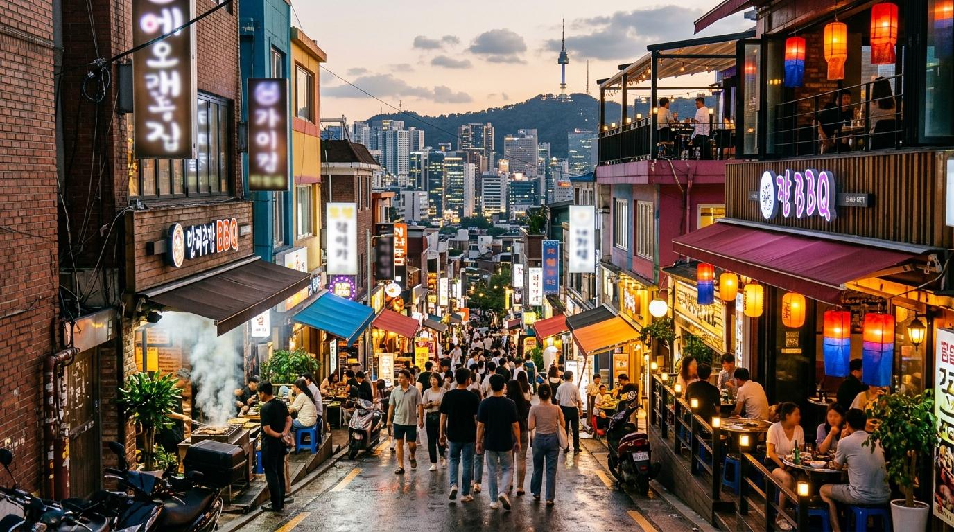 Bright, vibrant, photorealistic Itaewon street with diverse restaurants, relaxed evening atmosphere, hillside city view, no visible readable text