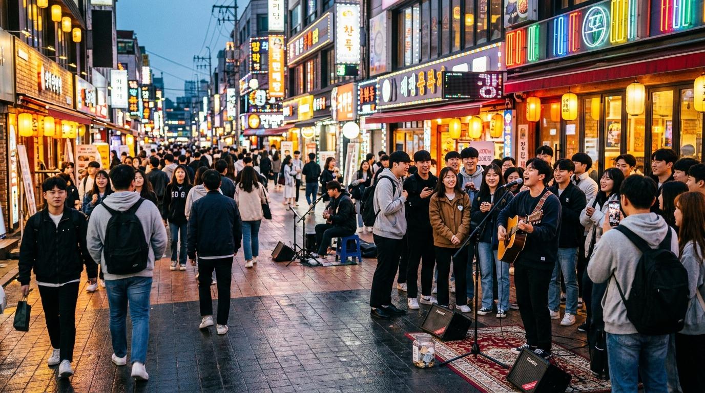 Bright, vibrant, photorealistic Hongdae Red Road evening scene with buskers, young crowds, colorful storefronts, energetic city lights, no visible readable text