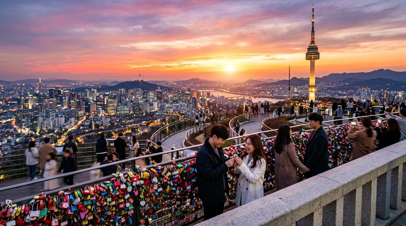 Bright, vibrant, photorealistic sunset view from Namsan with N Seoul Tower, city skyline glowing below, couples near love locks, no visible text