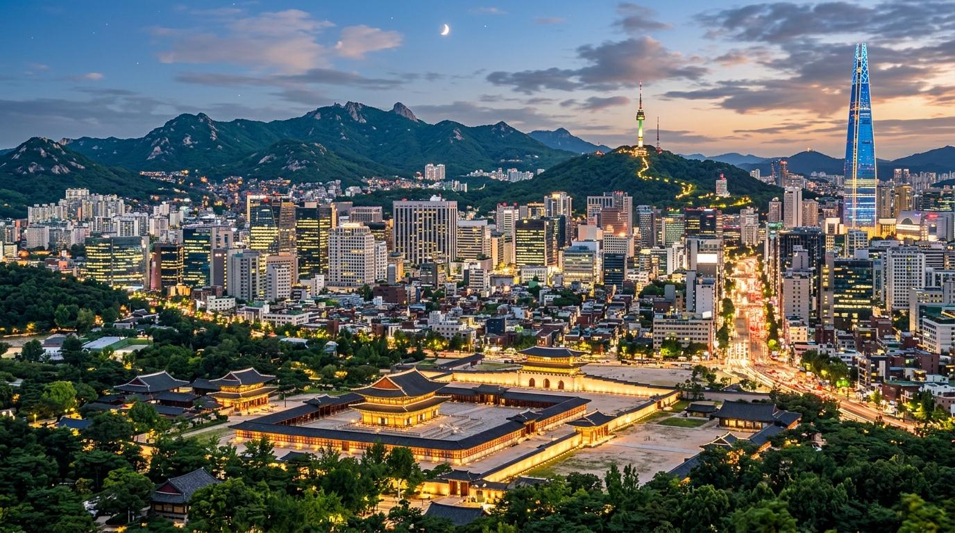 Bright, vibrant, photorealistic view of Seoul skyline with palaces, modern towers, green mountains, and evening city lights, no visible text