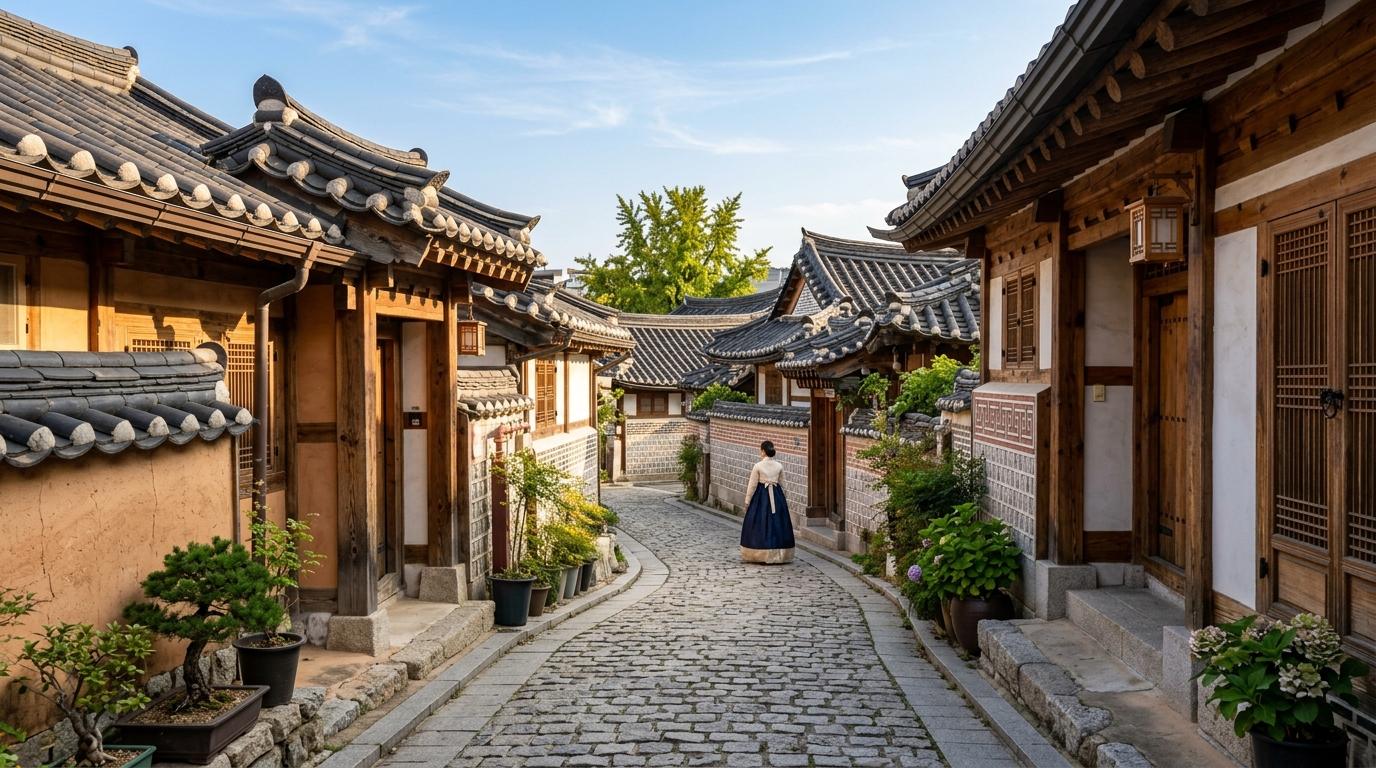 Bright, vibrant, photorealistic narrow Bukchon Hanok Village lane with traditional tiled roofs, soft afternoon sun, respectful distance from homes, no visible t