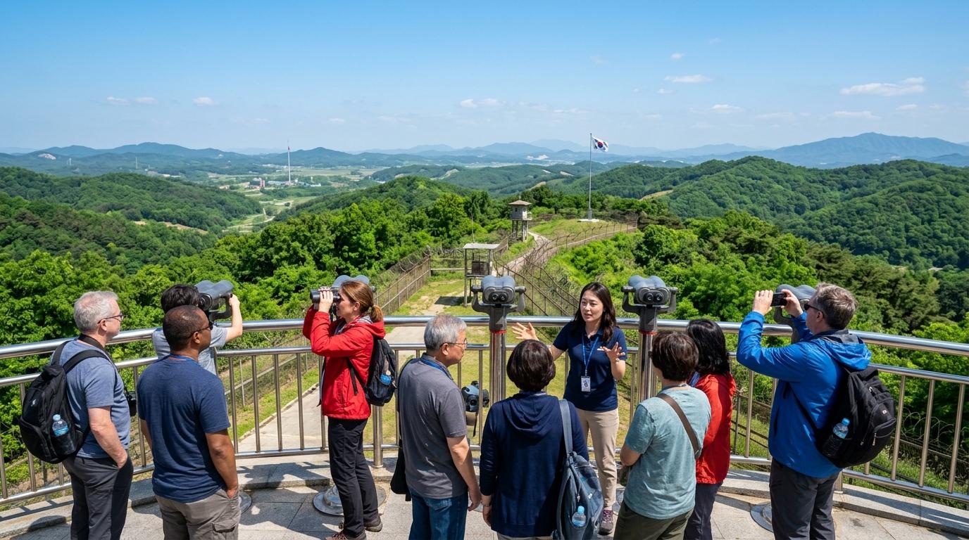 Bright, vibrant, photorealistic DMZ day trip scene with guided travelers at an observation area, green hills, clear sky, no visible text