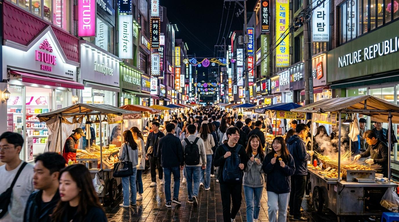 Bright, vibrant, photorealistic night street in Myeongdong with food stalls, cosmetics shops, travelers walking, neon glow, no visible readable text