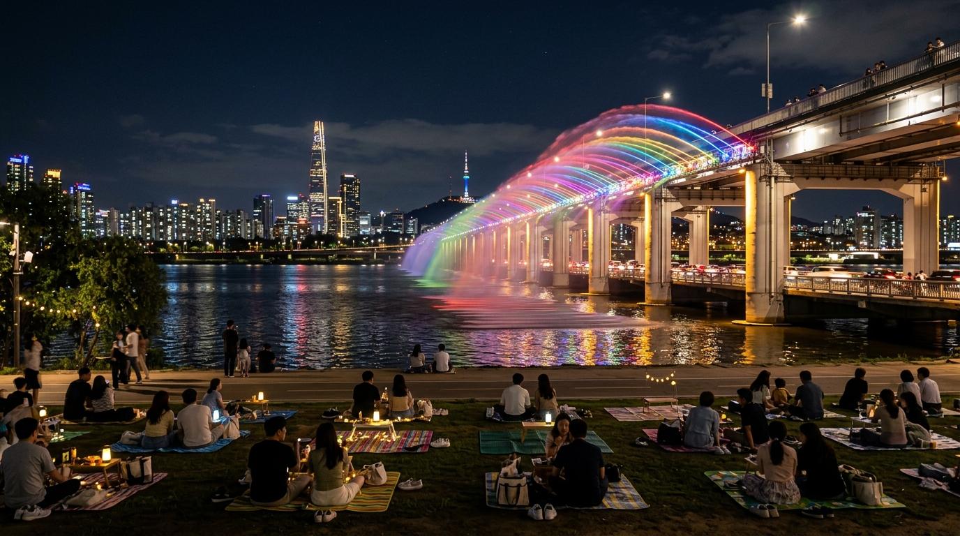 Bright, vibrant, photorealistic Banpo Bridge Moonlight Rainbow Fountain at night with river reflections, picnic mats, Seoul skyline, no visible text