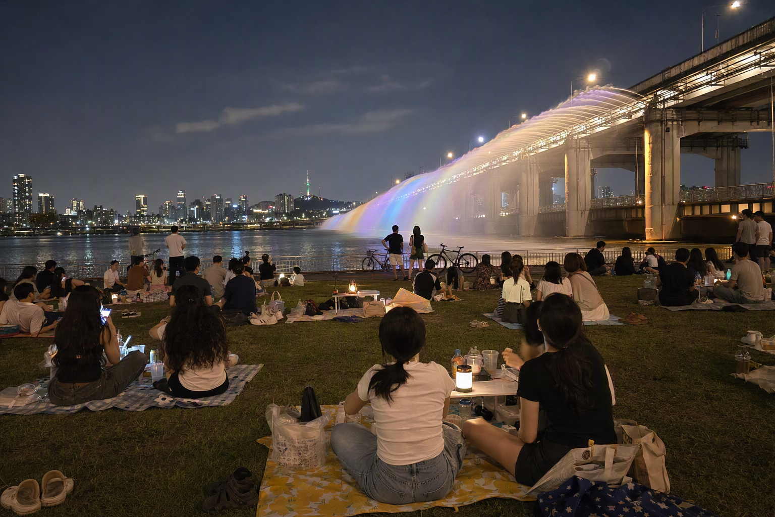 夜晚明亮鮮豔、寫實感十足的盤浦大橋月光彩虹噴泉，河面倒影、野餐墊、首爾天際線，畫面中沒有可見文字
