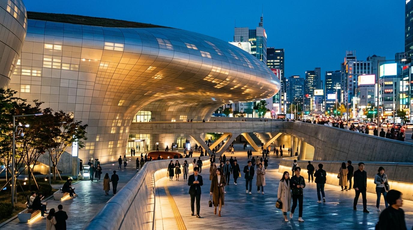Bright, vibrant, photorealistic exterior of Dongdaemun Design Plaza at blue hour, futuristic curves, stylish pedestrians, city lights, no visible text
