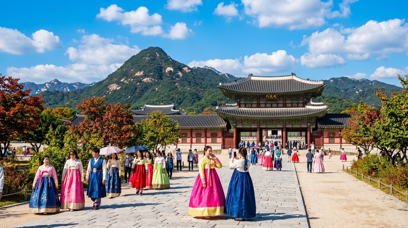 Bright, vibrant, photorealistic view of Gyeongbokgung Palace with travelers in colorful hanbok, mountains behind the palace, clear blue sky, no visible text