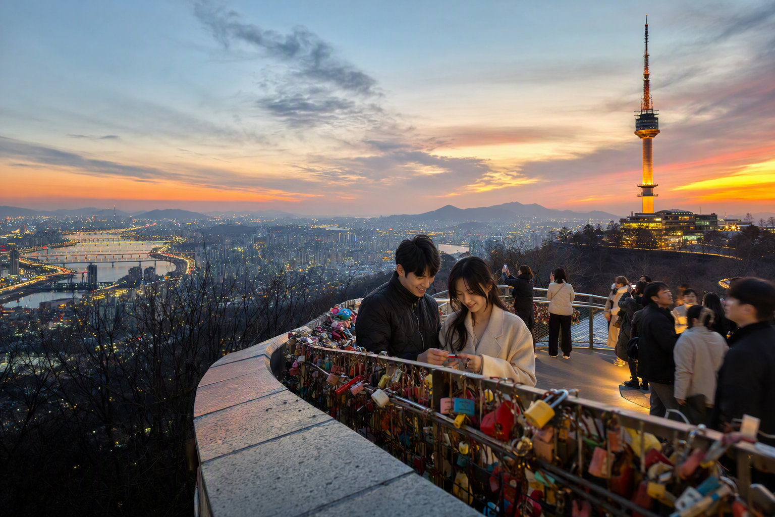 從南山眺望夕陽下的 N 首爾塔，城市天際線在下方發光，情侶在愛情鎖旁，畫面明亮鮮豔、擬真，無可見文字