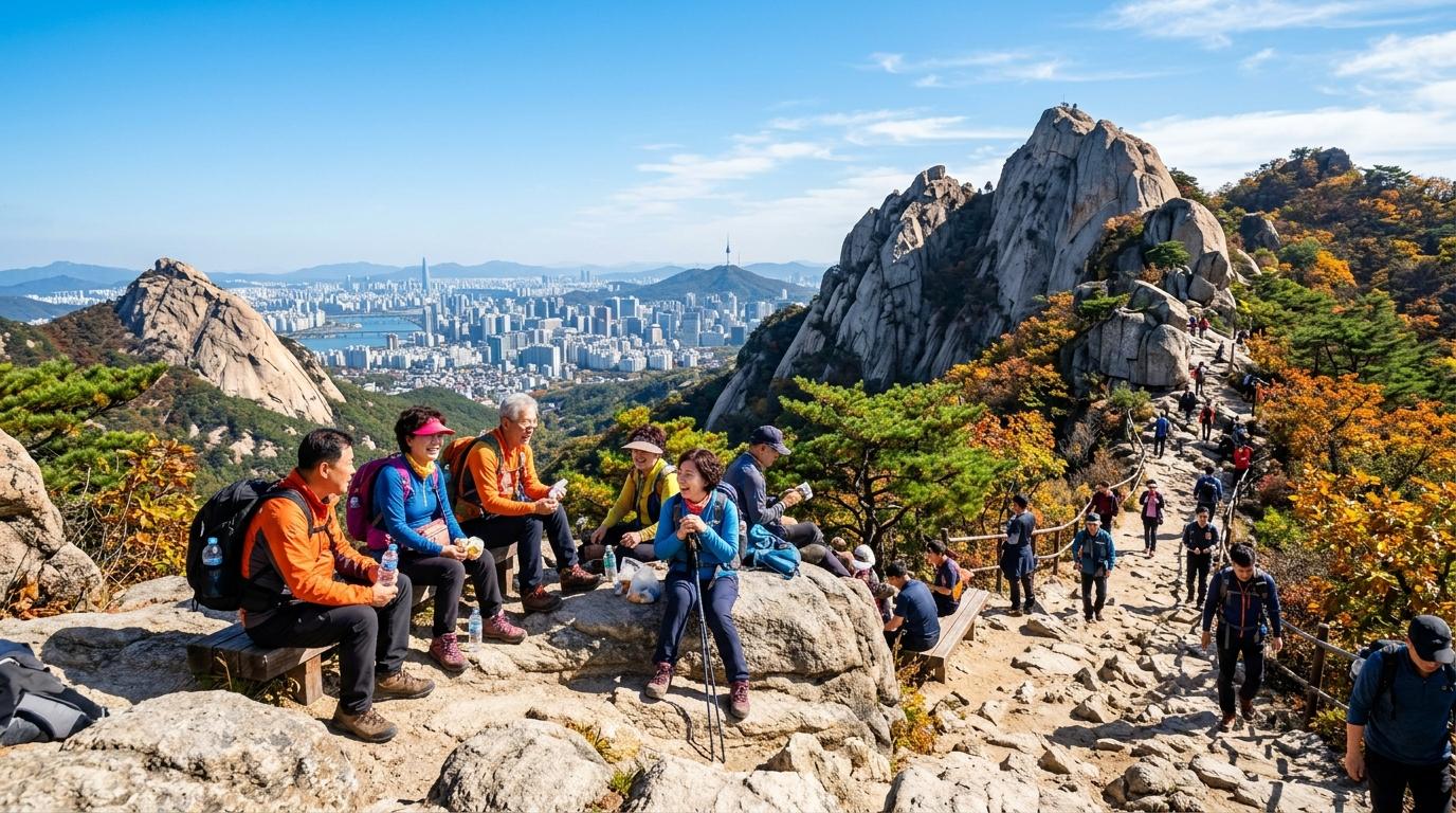 Bright, vibrant, photorealistic Bukhansan hiking trail with granite peaks, Seoul skyline in the distance, travelers resting, clear sky, no visible text