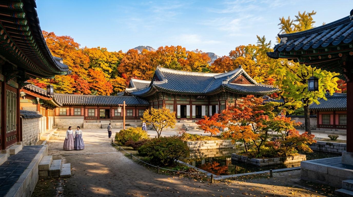 Bright, vibrant, photorealistic courtyard of Changdeokgung Palace surrounded by autumn trees, elegant tiled roofs, calm morning light, no visible text