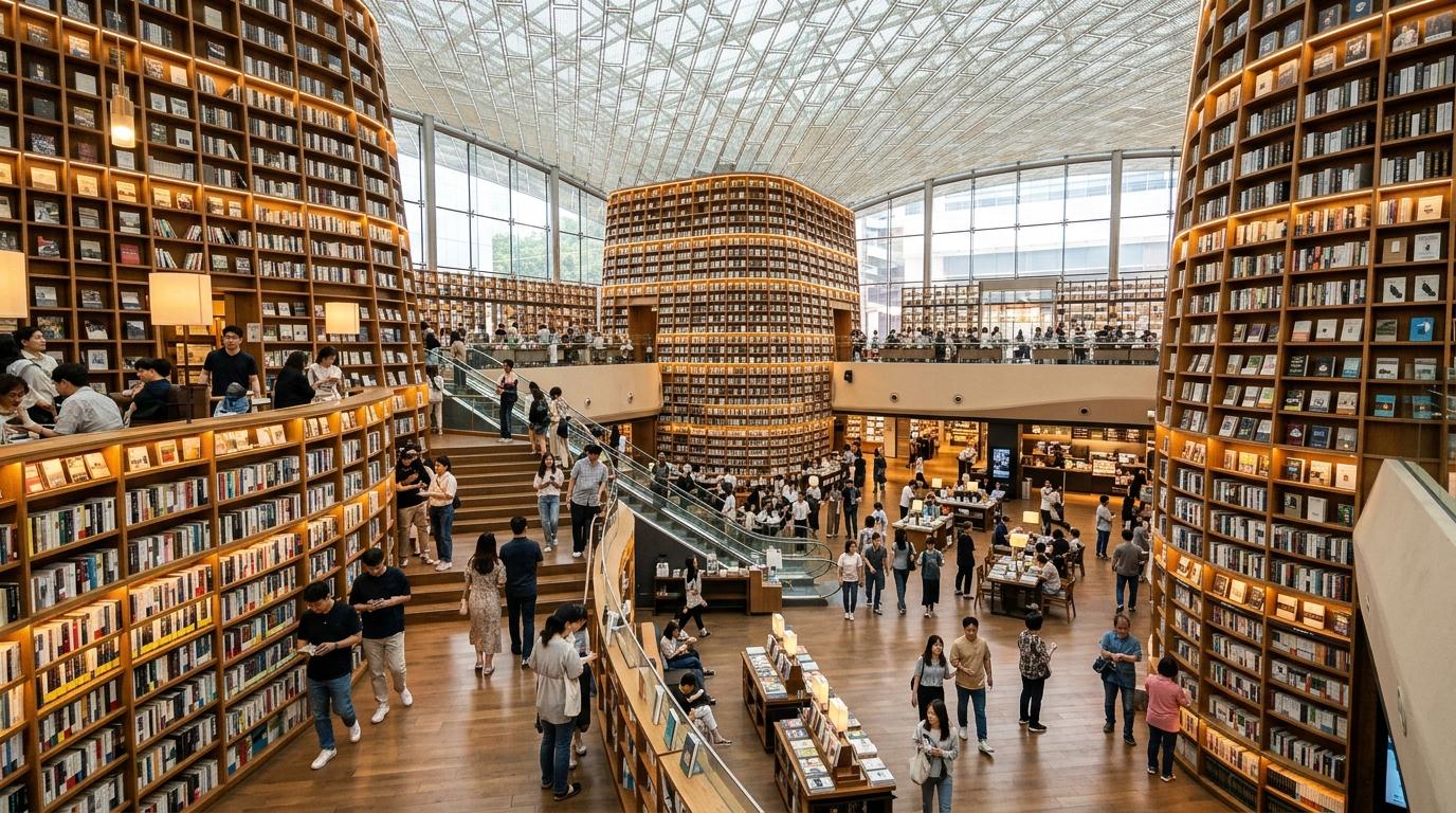 Bright, vibrant, photorealistic Starfield Library inside COEX with towering curved bookshelves, warm lights, people browsing, no visible readable text
