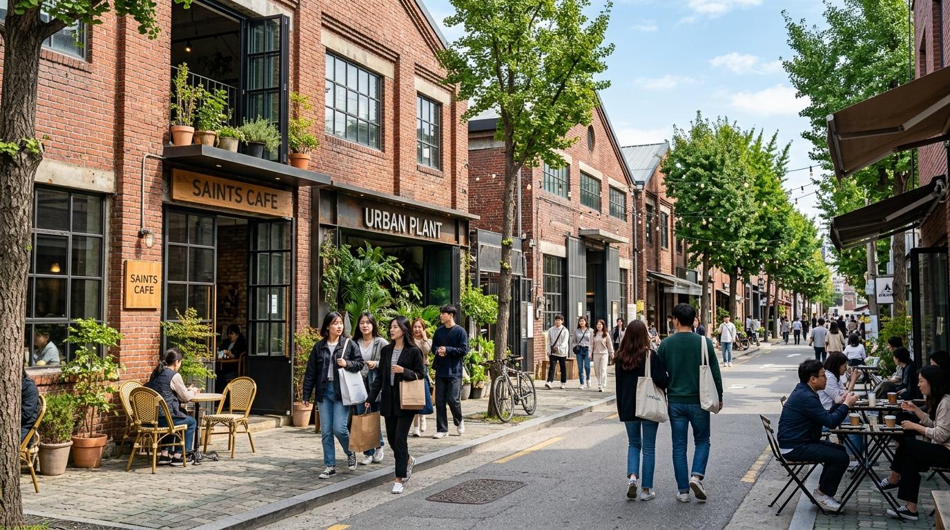 Bright, vibrant, photorealistic Seongsu-dong cafe street with renovated brick warehouses, stylish shoppers, leafy sidewalks, clear daylight, no visible text