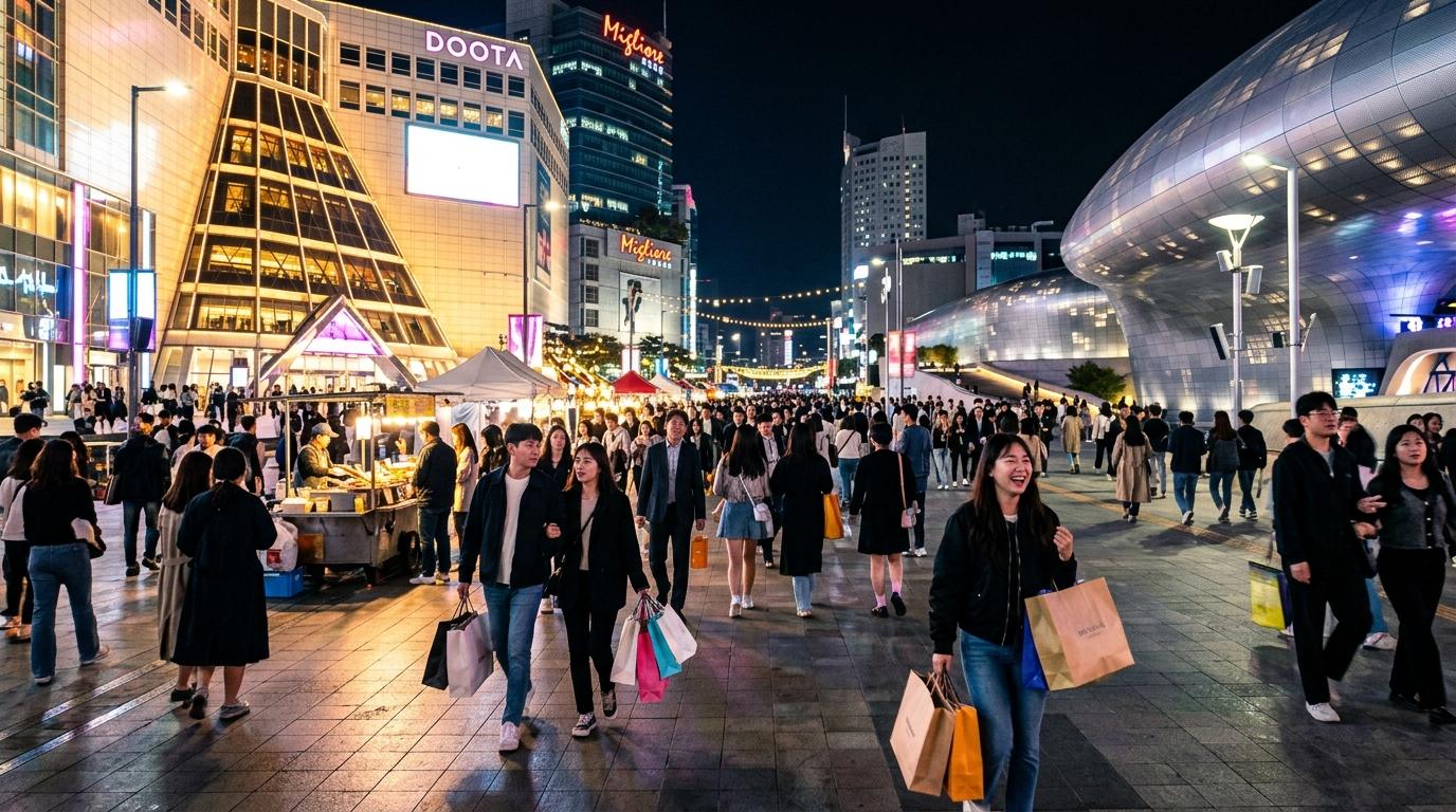 Bright photorealistic Dongdaemun fashion district at night, illuminated shopping malls, people carrying clothing bags, modern plaza lights, energetic city atmos