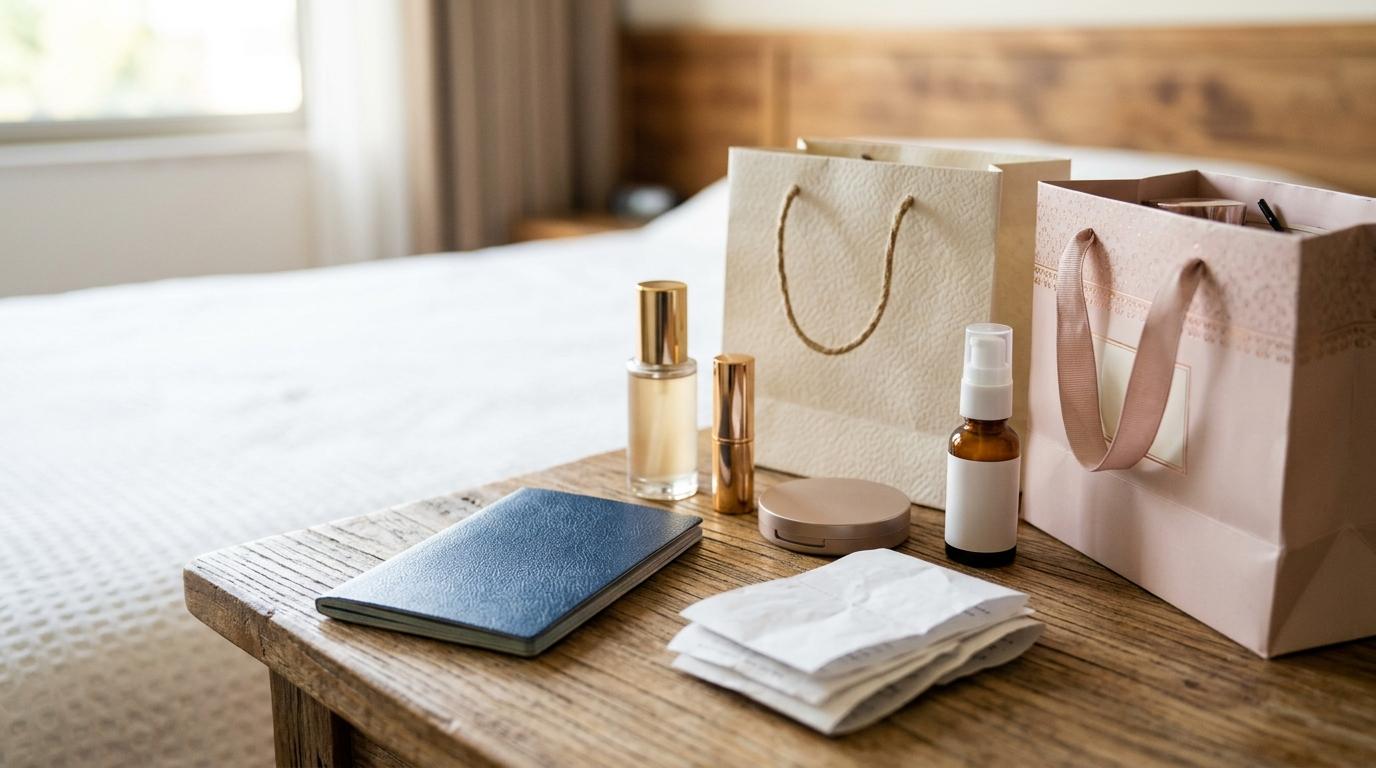 Bright photorealistic close-up of passport, receipts, shopping bags, and cosmetics on a hotel table, organized travel shopping scene, no visible text