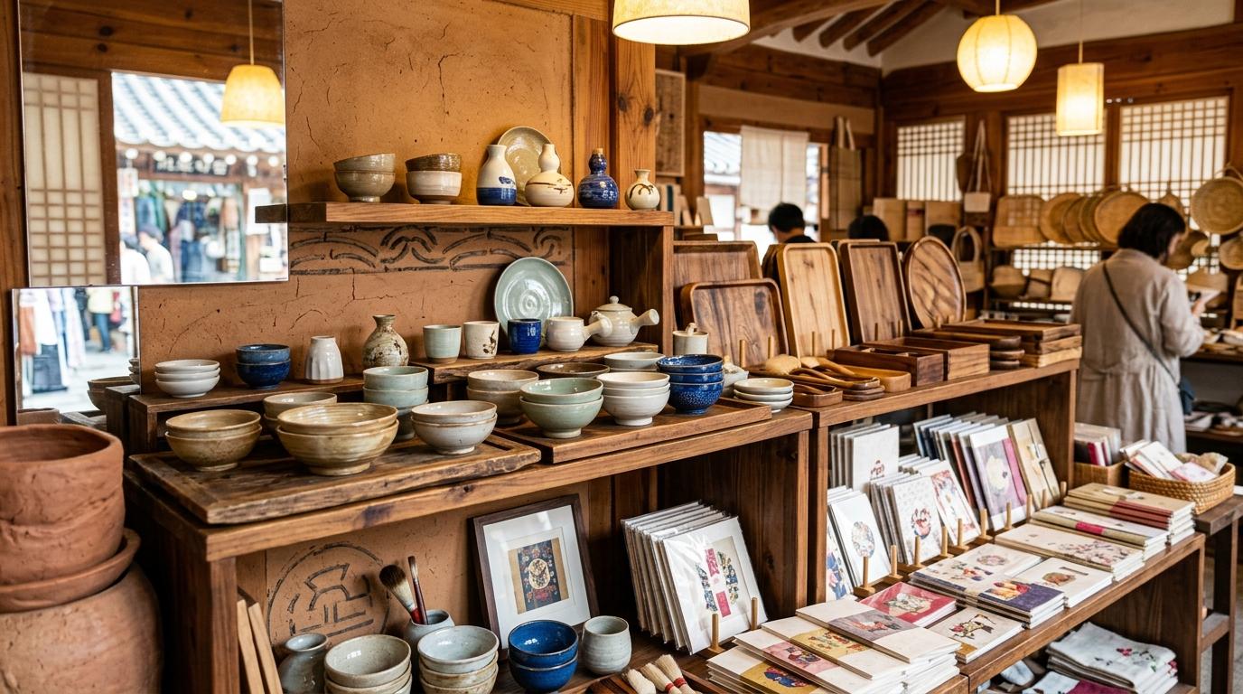 Bright photorealistic Insadong craft shop display, handmade ceramics, wooden trays, paper goods, warm lighting, elegant traditional-inspired interior, no visibl