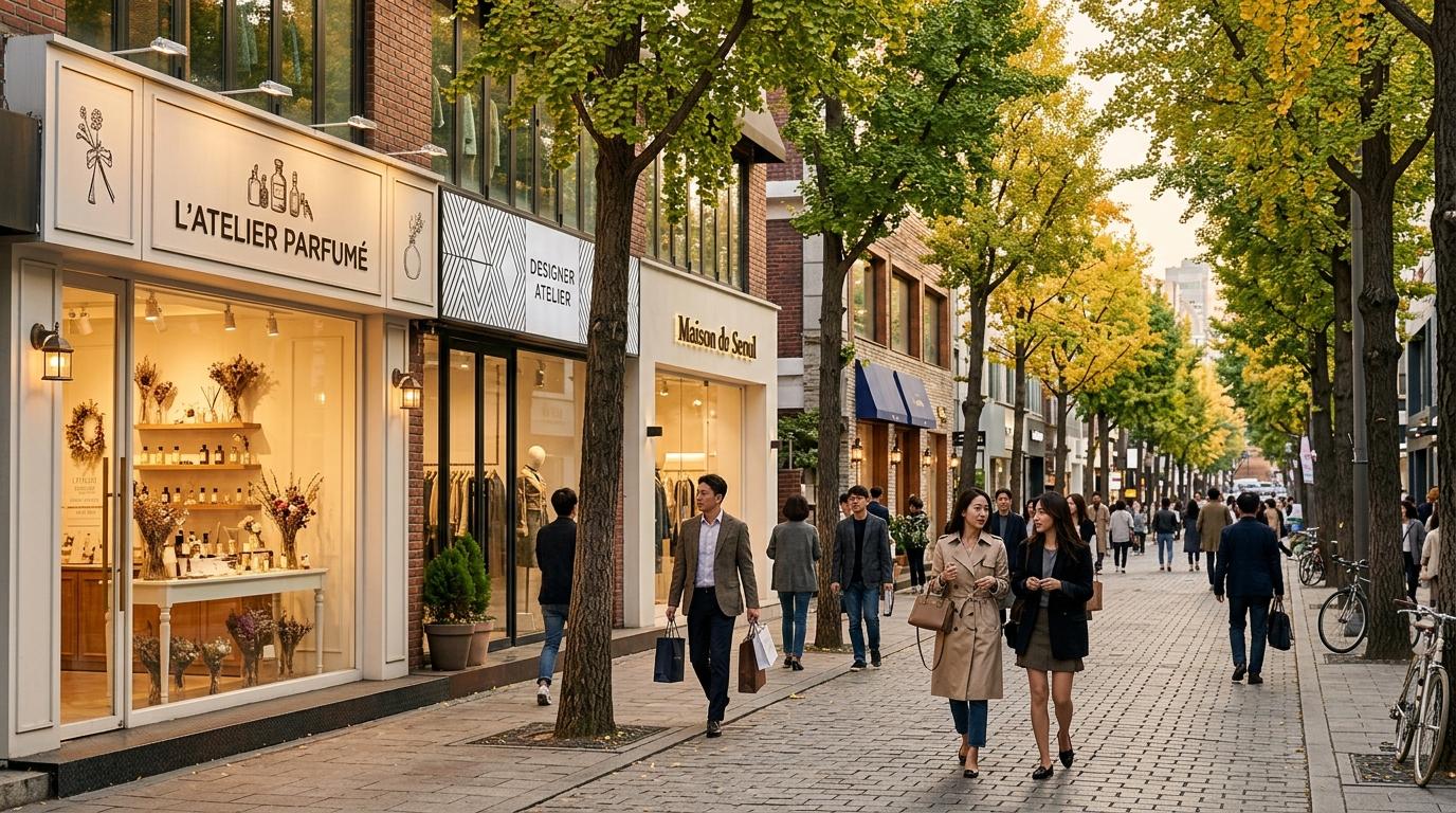 Bright photorealistic stylish tree-lined boutique street in Seoul, designer storefronts, fragrance shop windows, fashionable shoppers, soft afternoon light, no