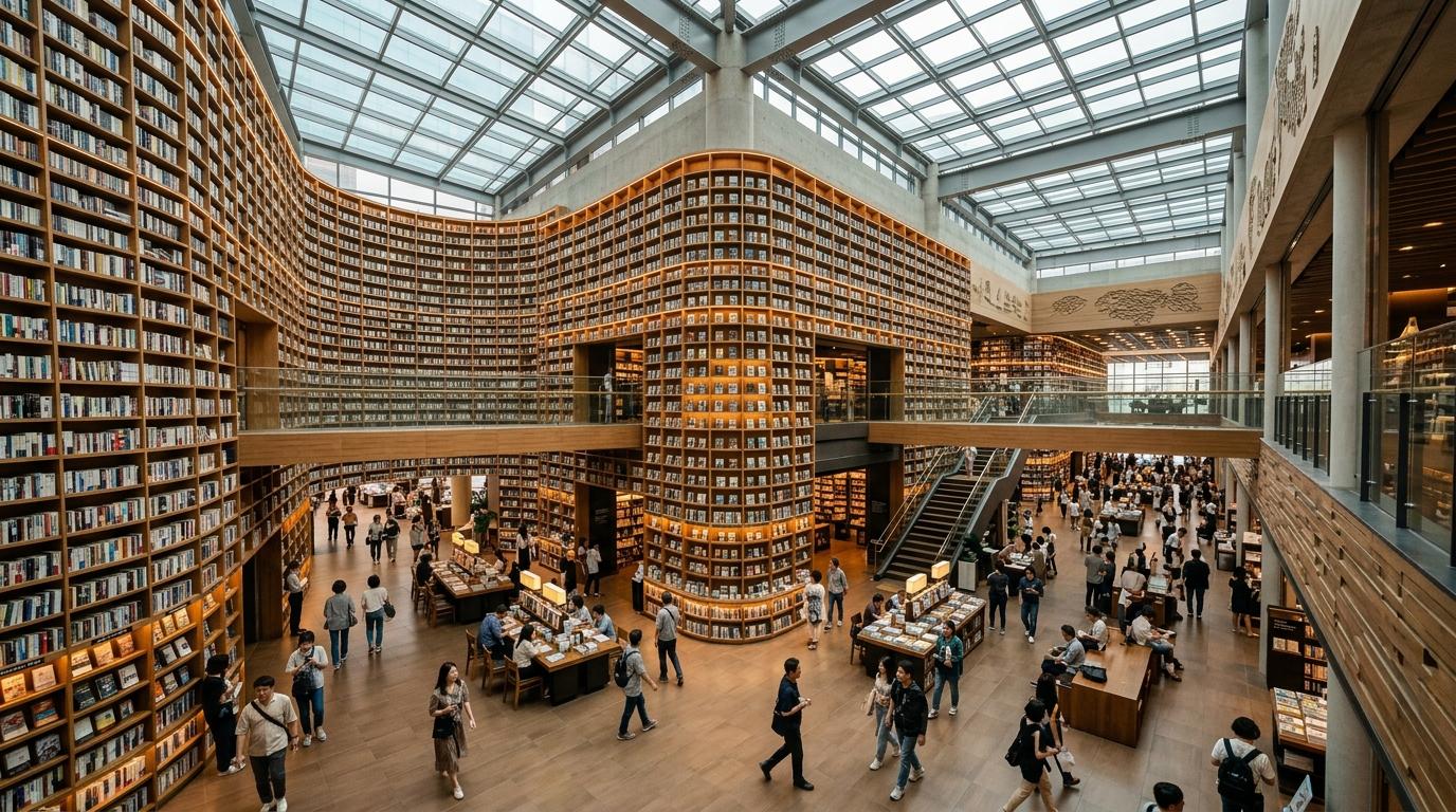 Bright photorealistic Starfield Library inside a large Seoul shopping mall, towering bookshelves, warm lighting, shoppers walking below, modern architecture, no