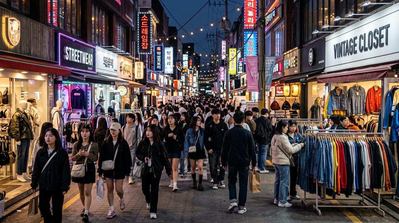 Bright photorealistic Hongdae shopping street in the evening, young shoppers, streetwear boutiques, vintage racks, neon lights, casual Seoul nightlife, no visib