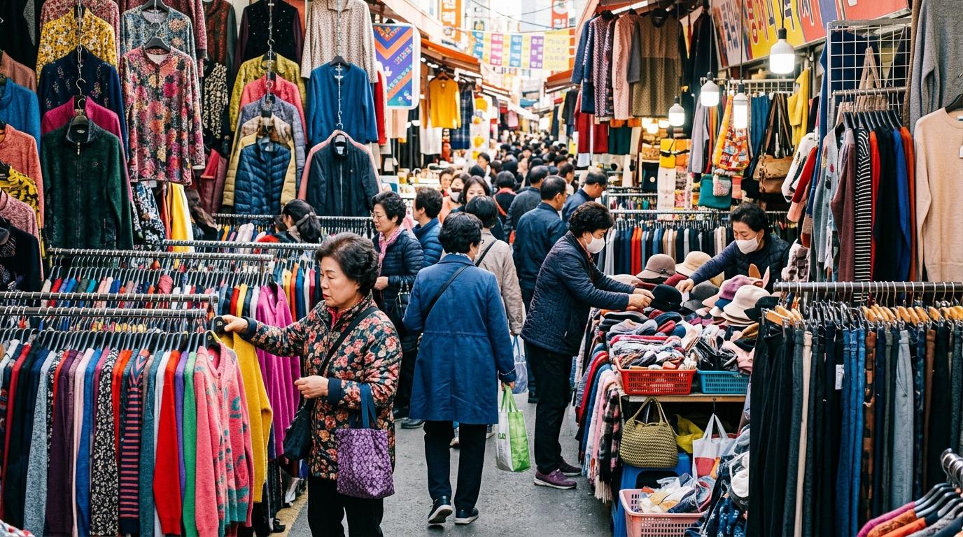 Bright photorealistic Seoul market shopping scene, packed clothing racks, colorful accessories, bargain stalls, morning light, local shoppers, no visible text