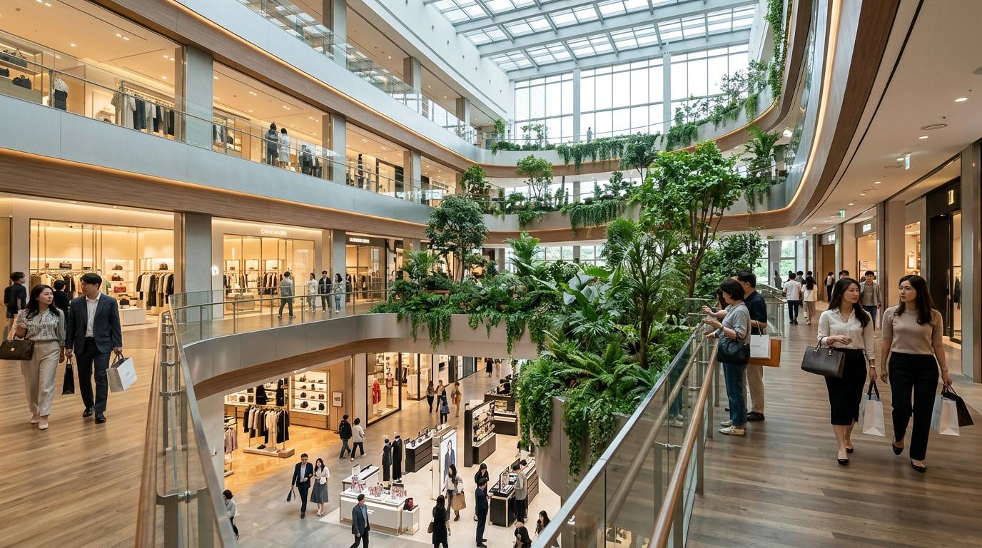 Bright photorealistic modern Seoul department store interior with indoor garden, stylish shoppers, open atrium, soft natural light, luxury and fashion floors, n
