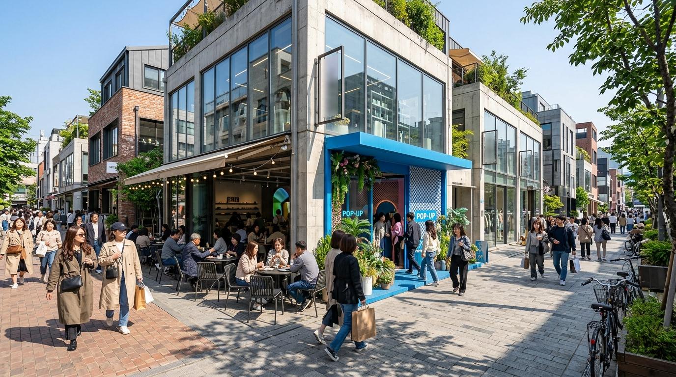 Bright photorealistic Seongsu concept shopping street, modern glass storefronts, stylish pedestrians, pop-up store entrance, café terraces, sunny afternoon, no