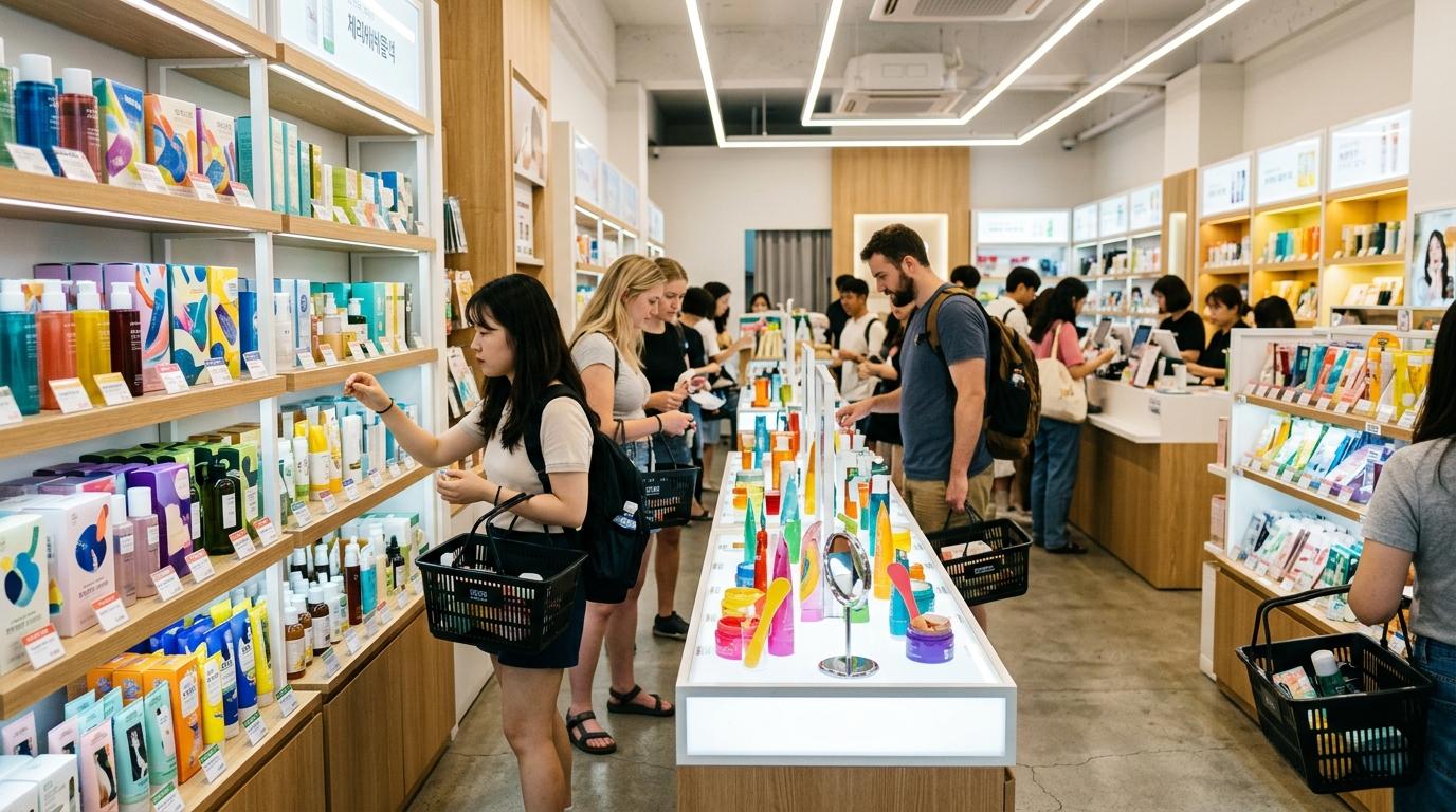 Bright photorealistic K-beauty store interior in Seoul, colorful skincare shelves, testers, shopping baskets, international travelers browsing, clean modern lig