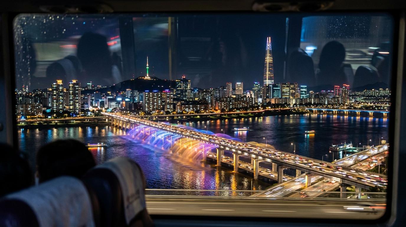 Bright vibrant photorealistic night view of Seoul bridges and Han River from a moving tour bus, glowing skyline, reflections on water, no visible text
